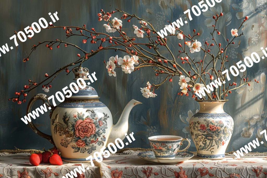 عکس با کیفیت قوری چینی و گلدان گل