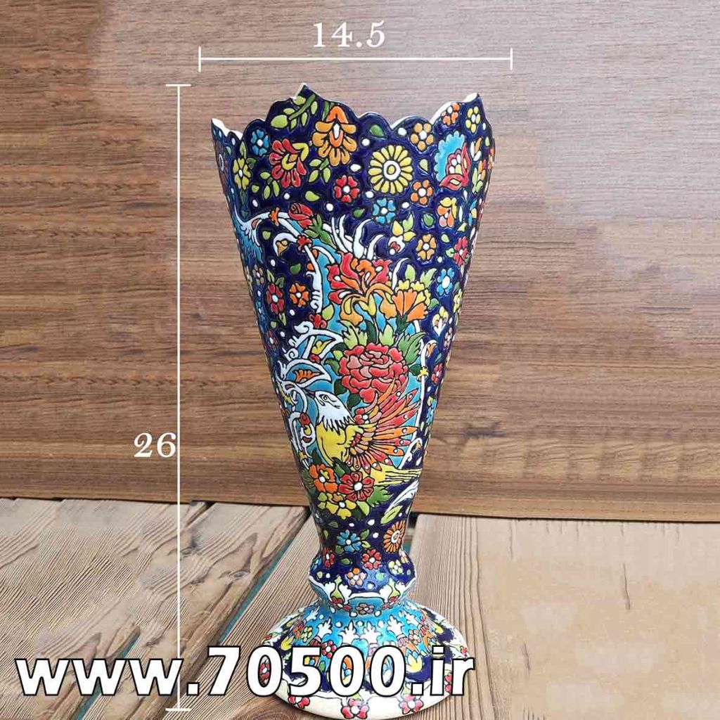 گلدان میناکاری سفالی طرح گل و مرغ