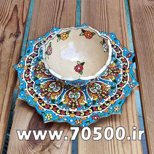 ست بشقاب و پیاله میناکاری سفال طرح ترنج