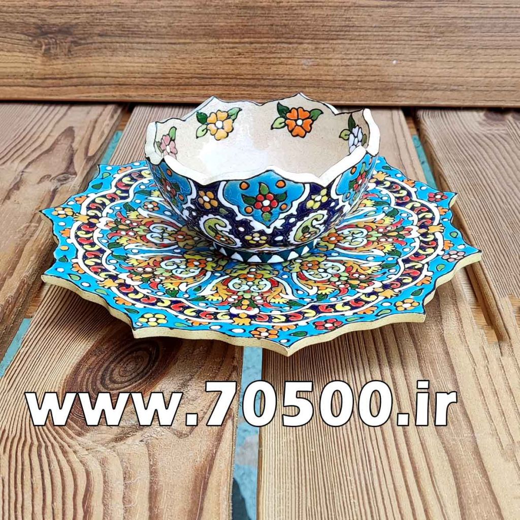 ست بشقاب و پیاله میناکاری سفال طرح ترنج