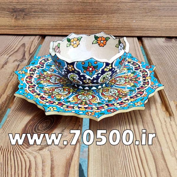 ست بشقاب و پیاله میناکاری سفال طرح ترنج