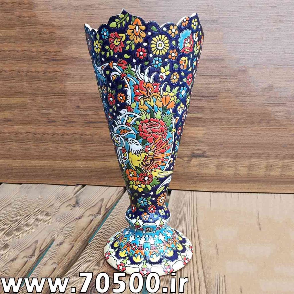 گلدان میناکاری سفالی طرح گل و مرغ
