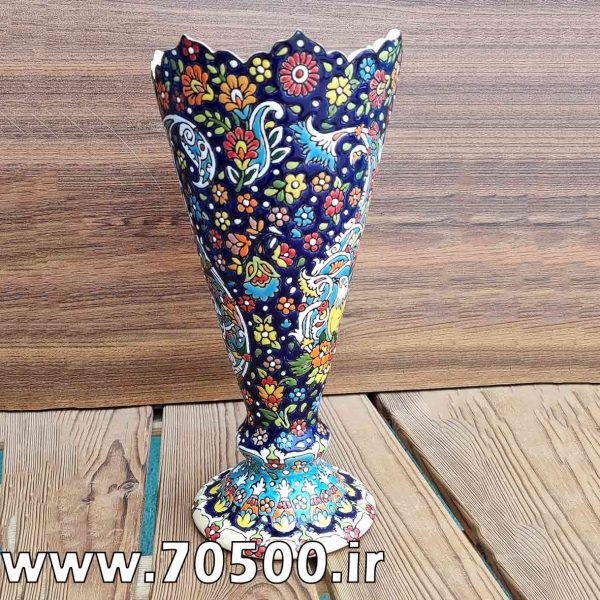 گلدان میناکاری سفالی طرح گل و مرغ