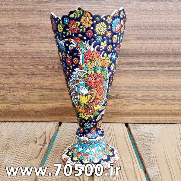 گلدان میناکاری سفالی طرح گل و مرغ
