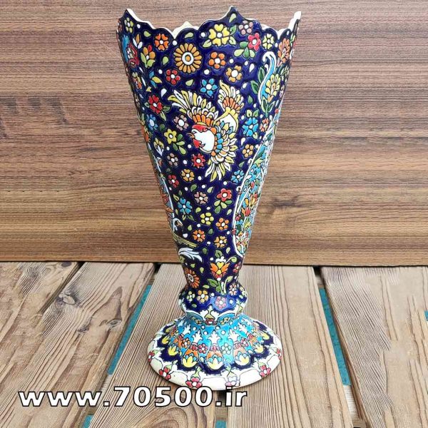 گلدان میناکاری سفالی طرح گل و مرغ